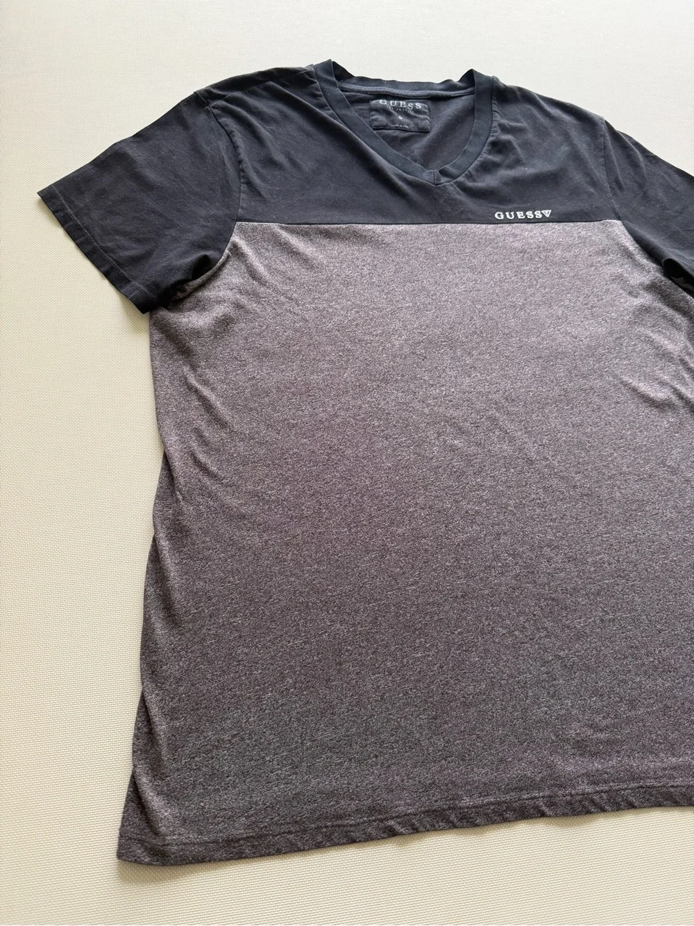 Guess Men's Two-Tone V-Neck T-Shirt in Black and Gray Heather - Picture 3 of 11